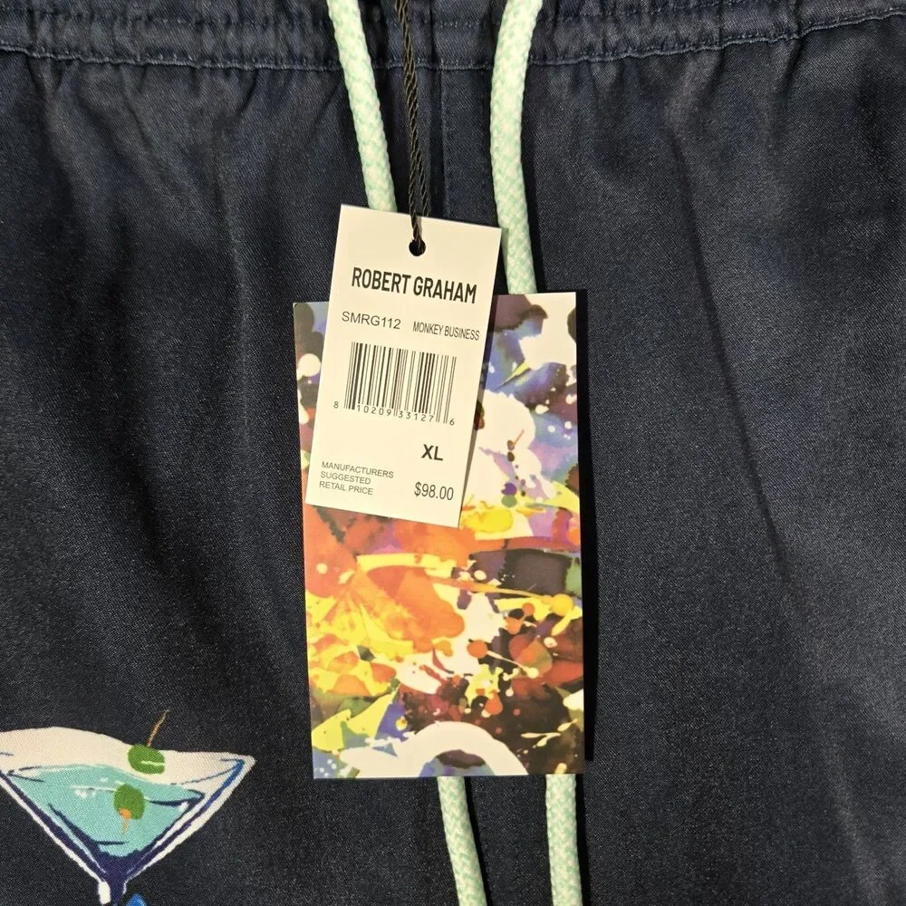 Robert Graham Swim Trunks Mens XL Monkey Martini Blue Lined Shorts 5